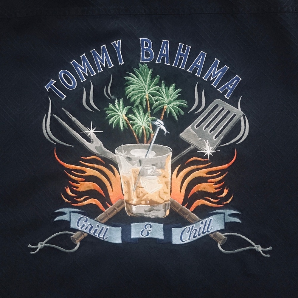 Tommy Bahama (XL) Embroidered “CHILL & GRILL” Silk Camp Shirt